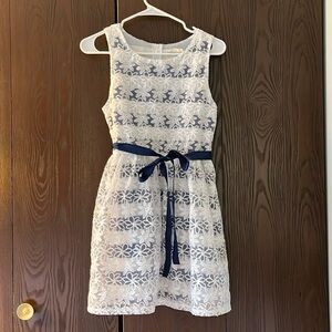 Btween child’s dress. Navy white striped underlay with white lace. Size 16